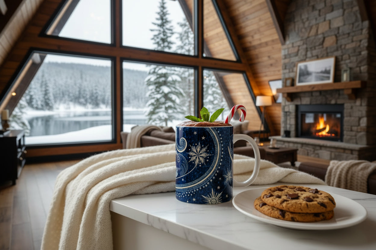 Cozy indoor setting with a mug, cookies, and candy canes on a table by a fireplace with a snowy landscape outside.